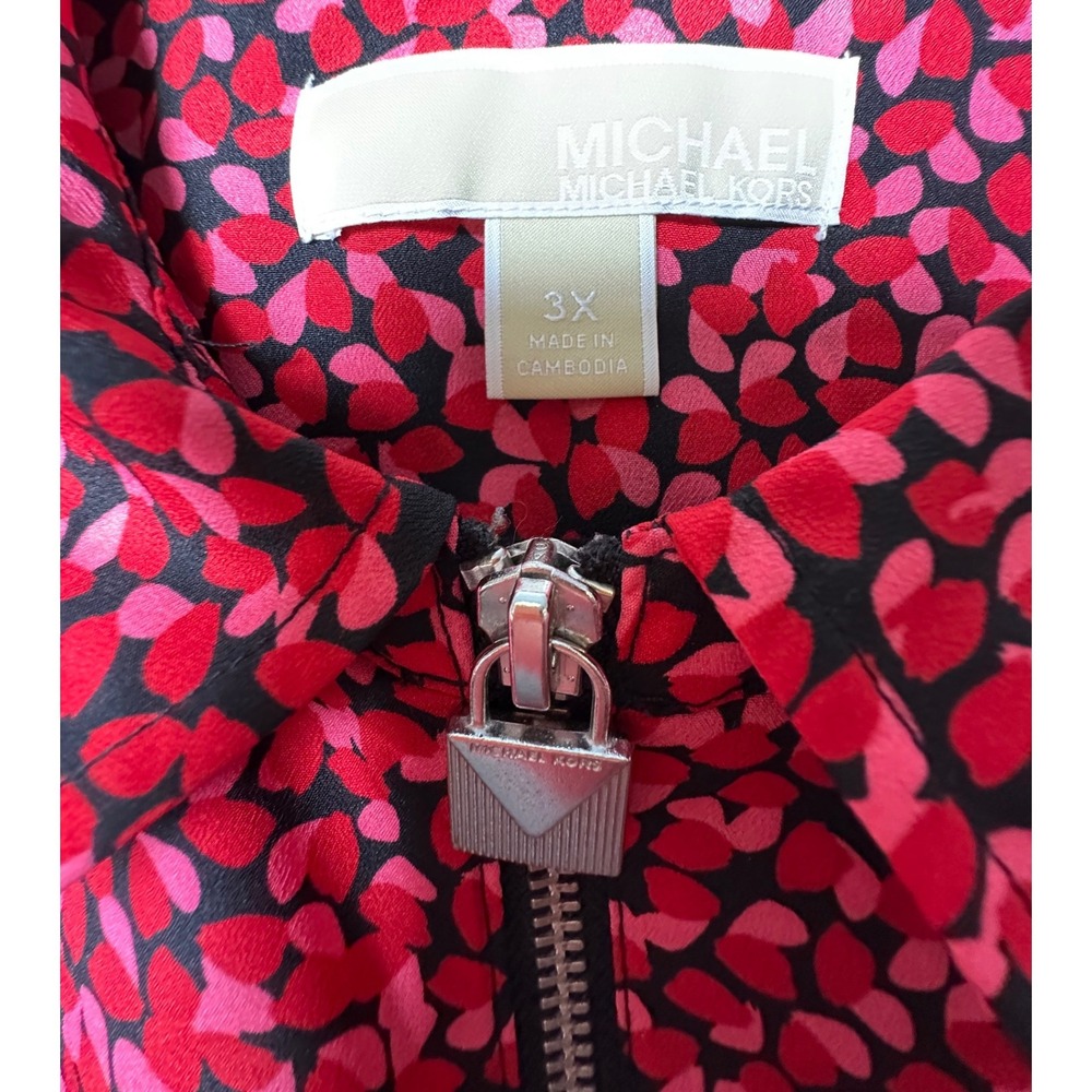 Michael Kors Heart Print Zip Front Blouse 3X Red Pink Roll Tab Sleeve Top - Picture 4 of 7